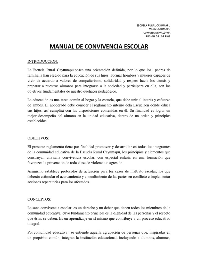 Manual de Convivencia Escolar Cayumapu | PDF | Abuso infantil | Maestros