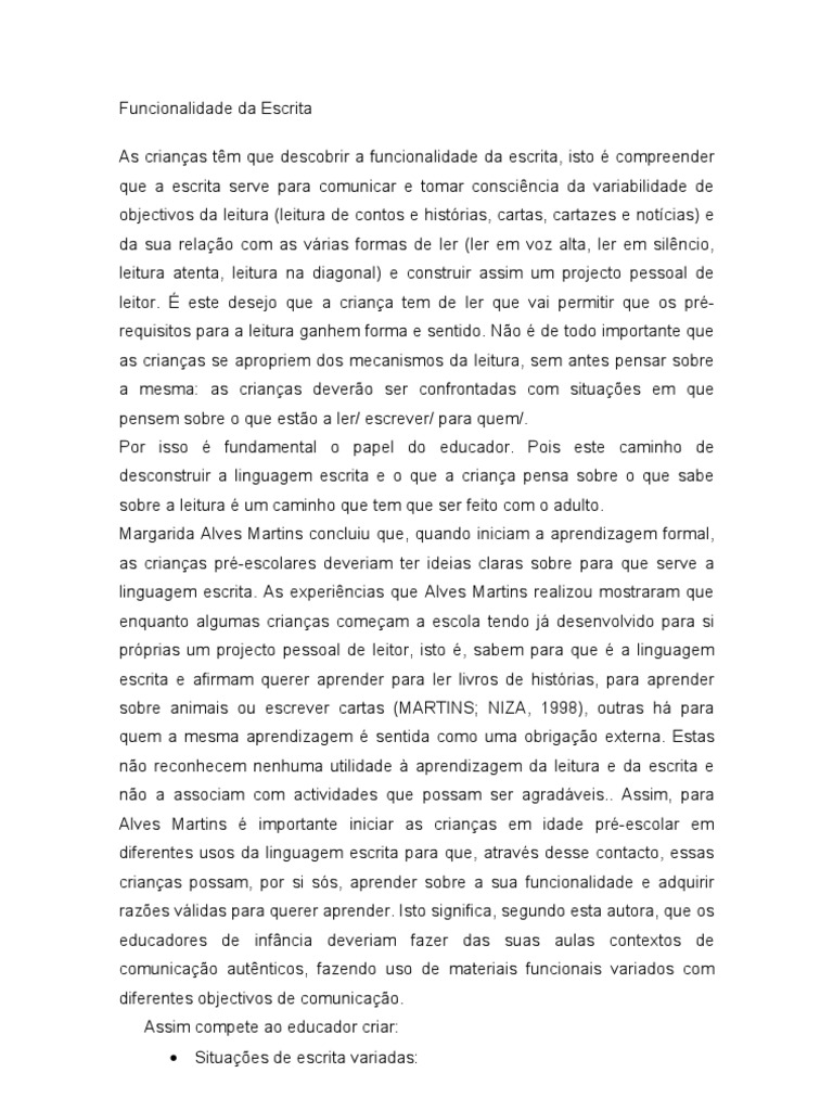Funcionalidade da Escrita na Educação Infantil | PDF | Aprendizado ...