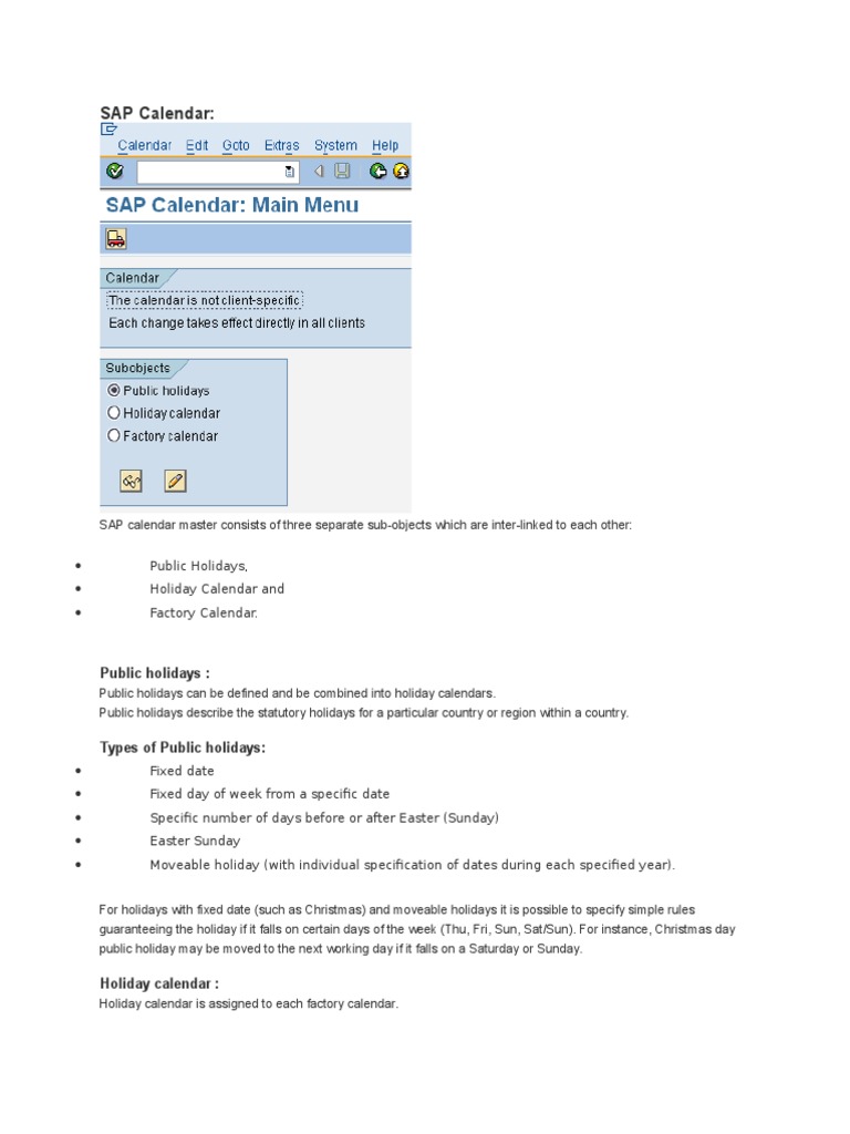 SAP Calendar Master Includes Public Holidays, Holiday Calendars and