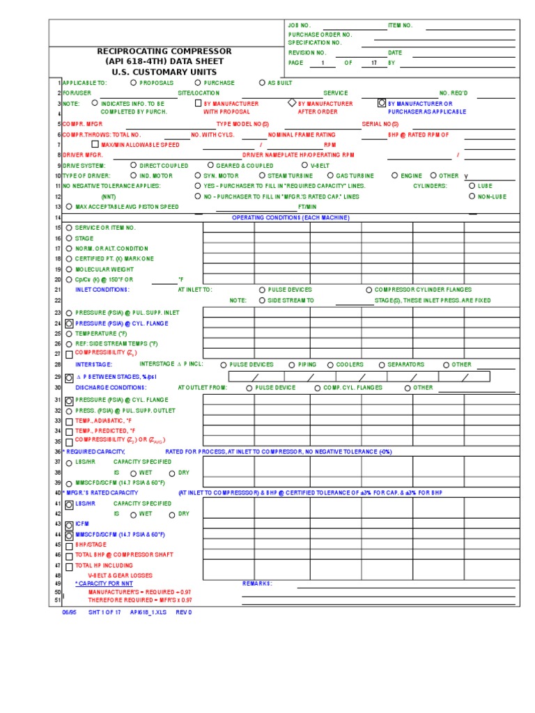 Reciprocating Compressor (Api 618-4Th) Data Sheet U.S. Customary Units ...