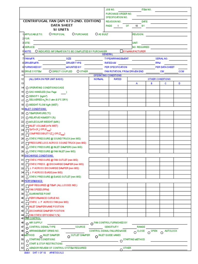 API 673 Centrifugal Fan Data Sheet | PDF | Electric Motor | Pump