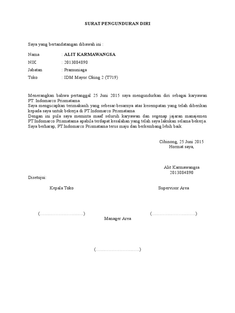 Surat Pengunduran Diri Dari Indomaret Pdf