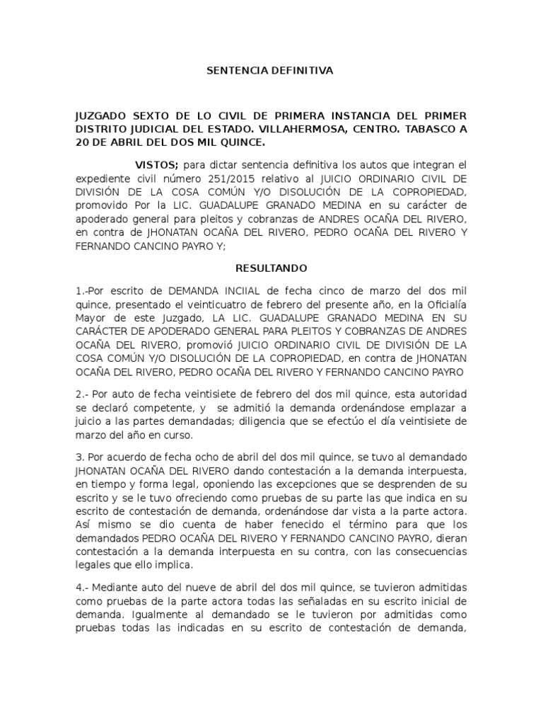 documento ejemplo de sentencia | Condominio | Caso de ley
