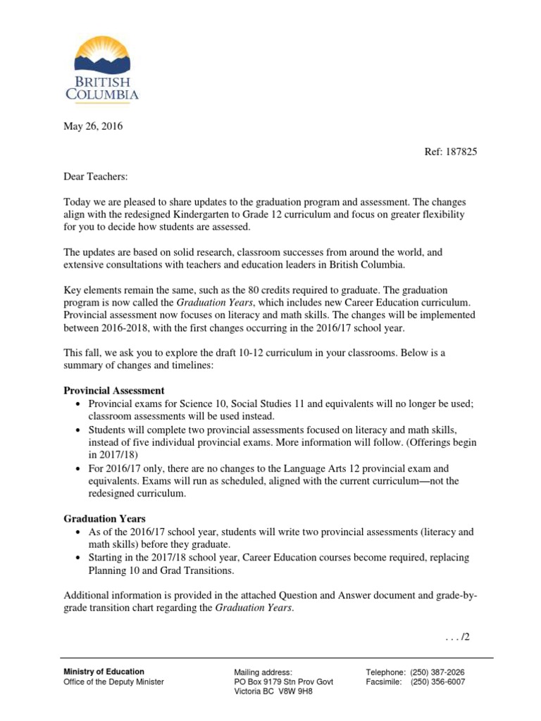 BC Government Letter To Teachers - Grad Program and Assessment Changes ...
