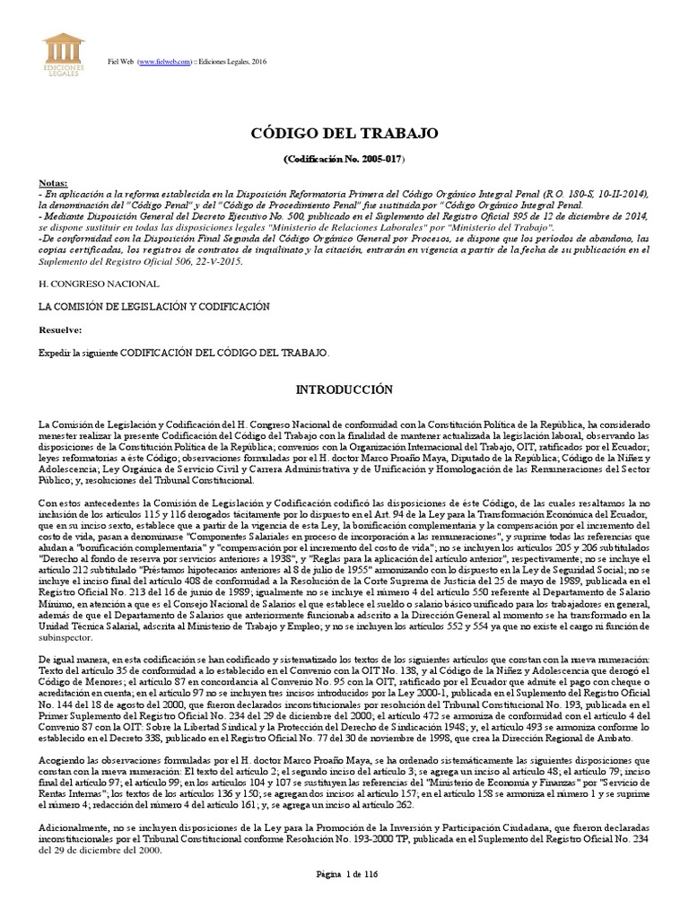 Codigo Del Trabajo Ecuatoriano PDF Derecho laboral Salario
