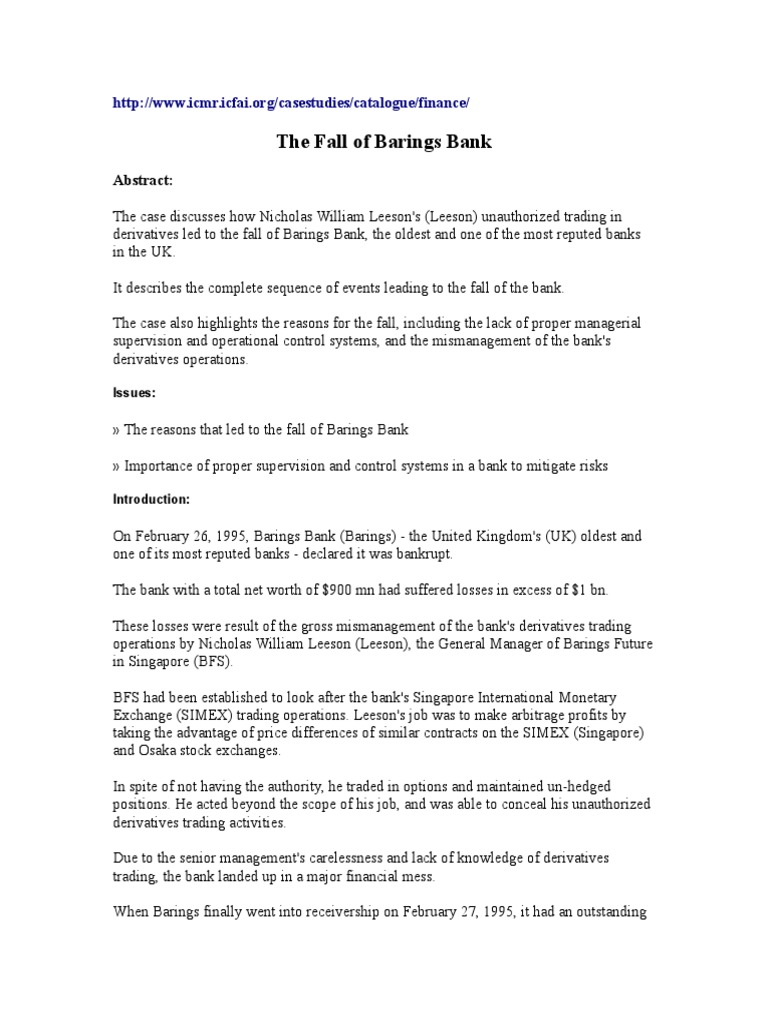 The Fall of Barings Bank PDF Derivative (Finance) Ing Group