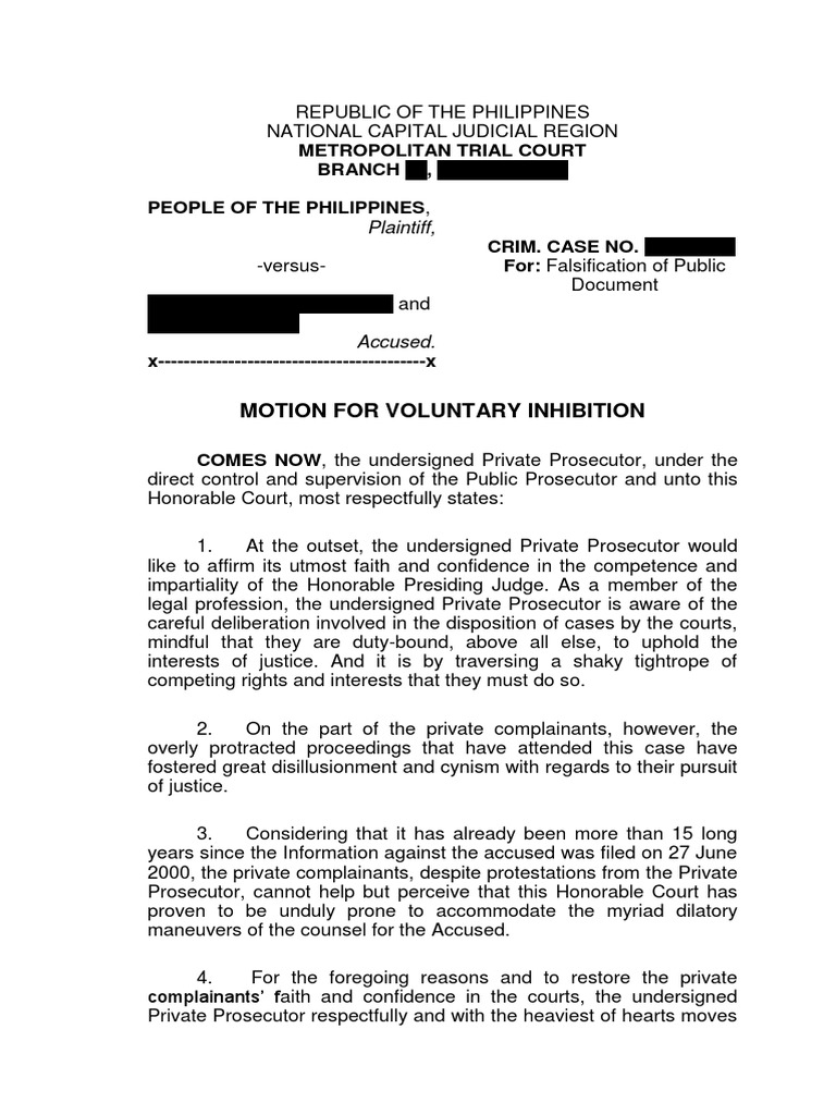 Motion For Inhibition Sample PDF Prosecutor Article Three Of The