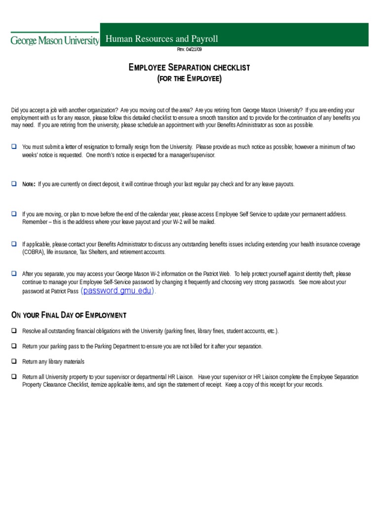 Human Resources and Payroll: Mployee Eparation Checklist | PDF ...