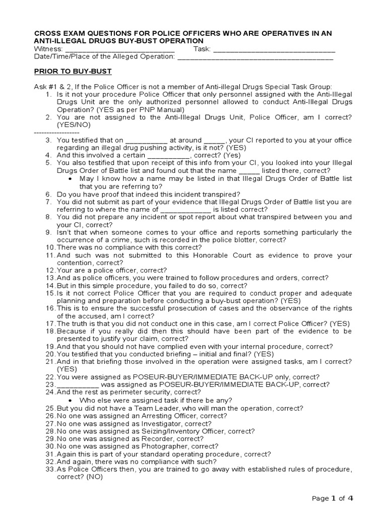 Cross Exam Questions Buy Bust PDF Arrest Police