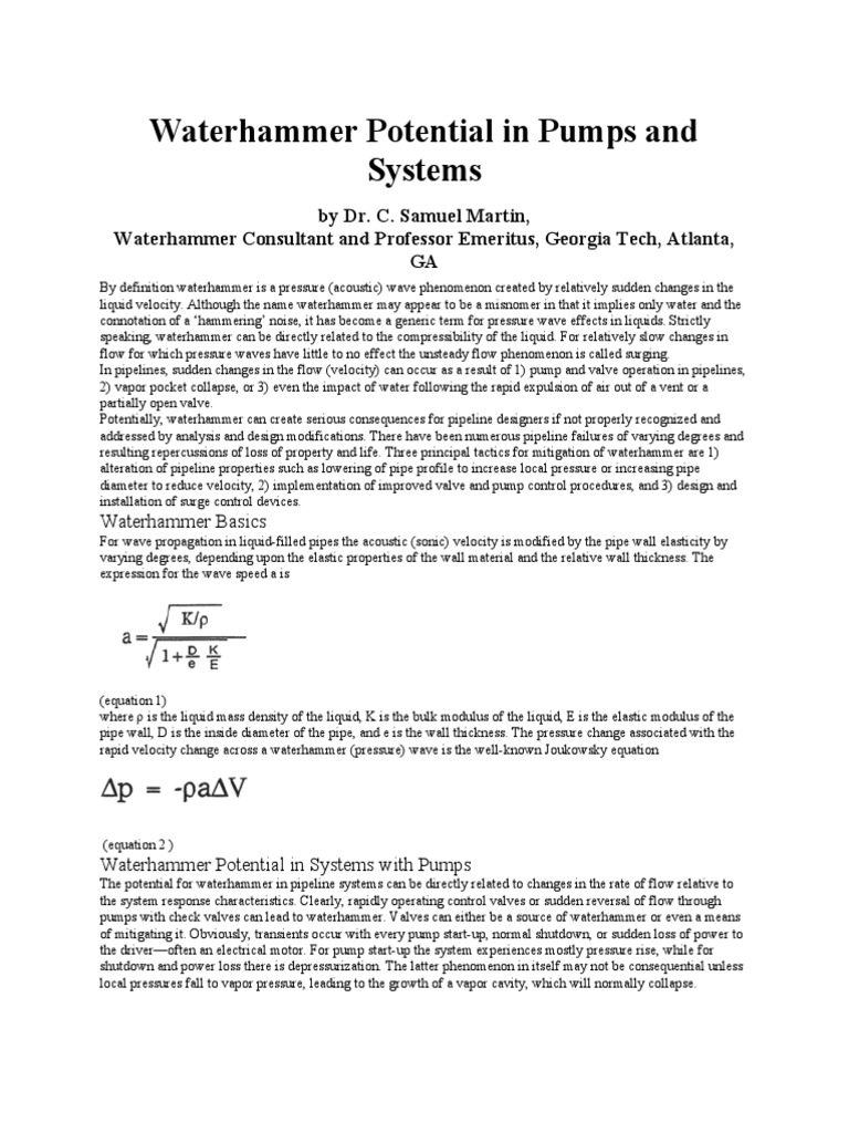 Waterhammer Potential in Pumps and Systems PDF Pump Valve