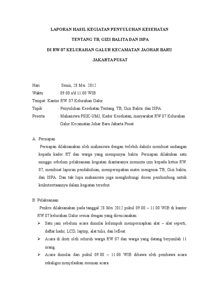 Laporan Hasil Kegiatan Penyuluhan Tb Gizi Balita Dan Ispa