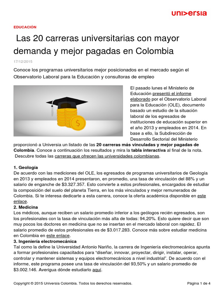 20 Carreras Universitarias Mayor Demanda Mejor Pagadas Colombia | PDF |  Ingeniería | Salario