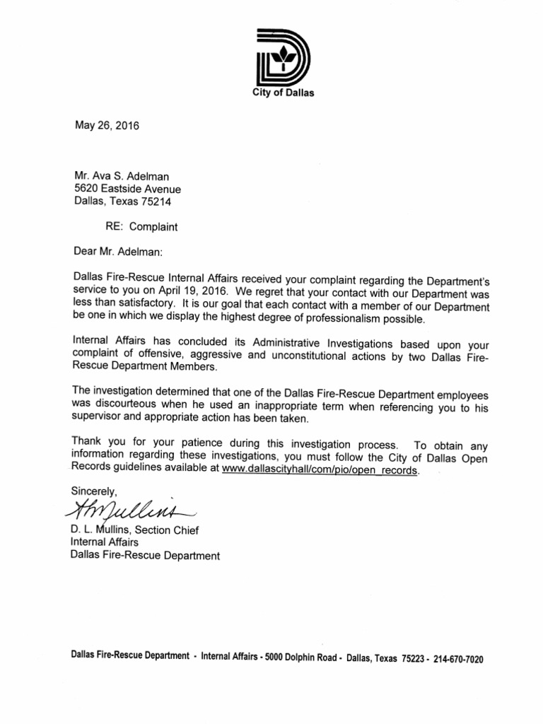 Dallas Fire/Rescue Reprimand and Original Complaint Paramedic