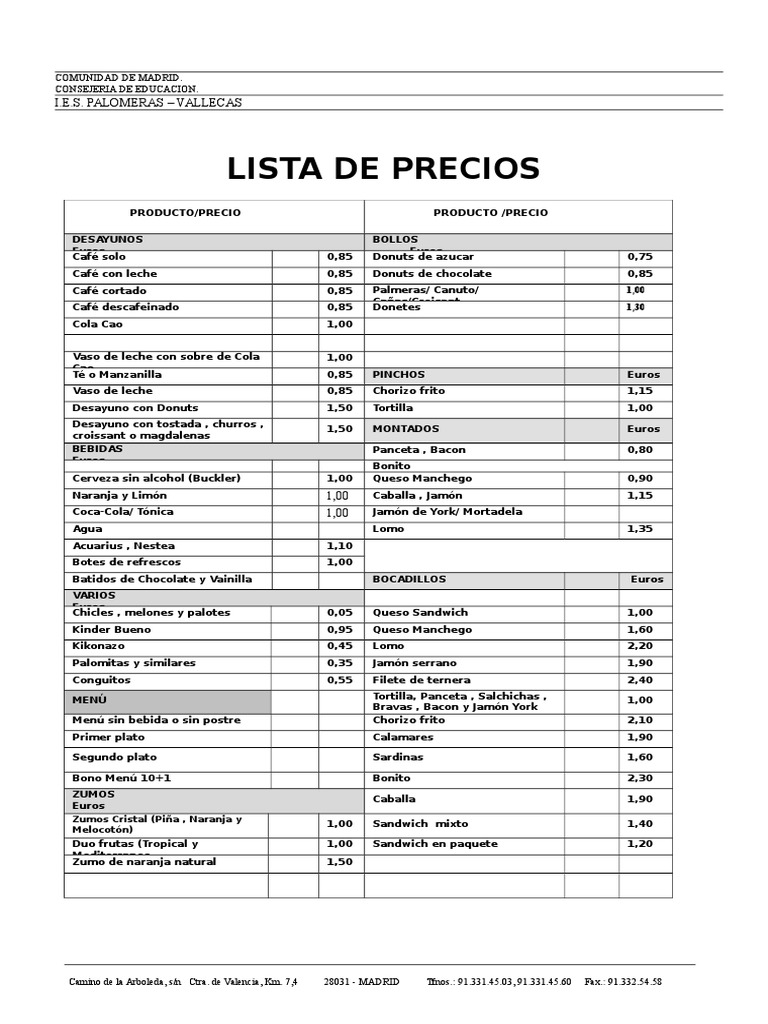 CAFETERIA Lista de Productos y Precios