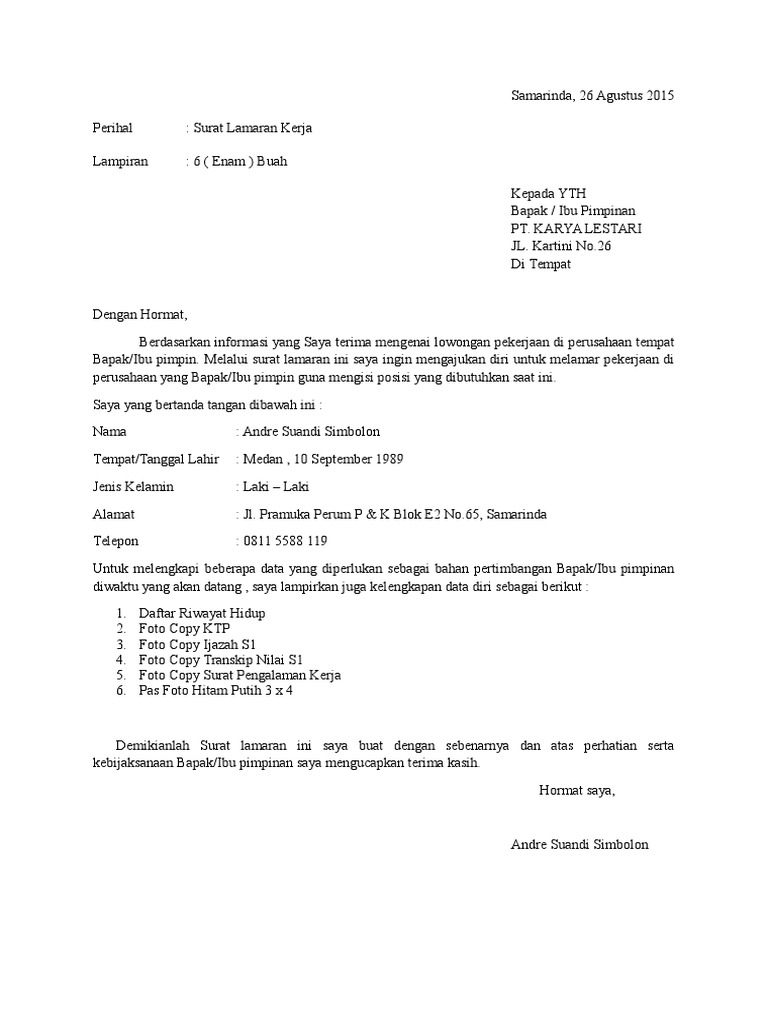 Contoh Surat Lamaran Kerja Ke Pabrik