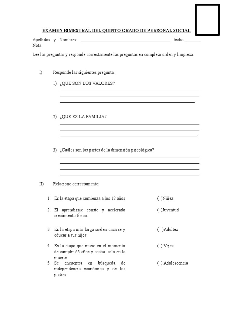 EXAMEN QUINTO GRADO PERSONAL SOCIAL | PDF