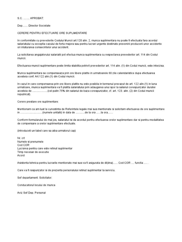 Cerere Pentru Efectuare Ore Suplimentare