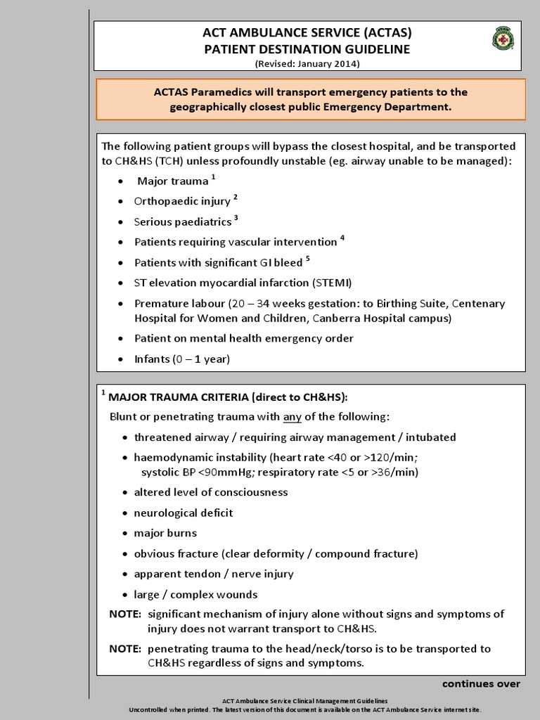 ACTAS Patient Transport Guidelines | PDF | Major Trauma | Emergency ...