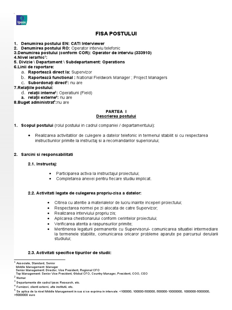 Fisa de Post Operator Interviu Teren Spaiuc Oana | PDF