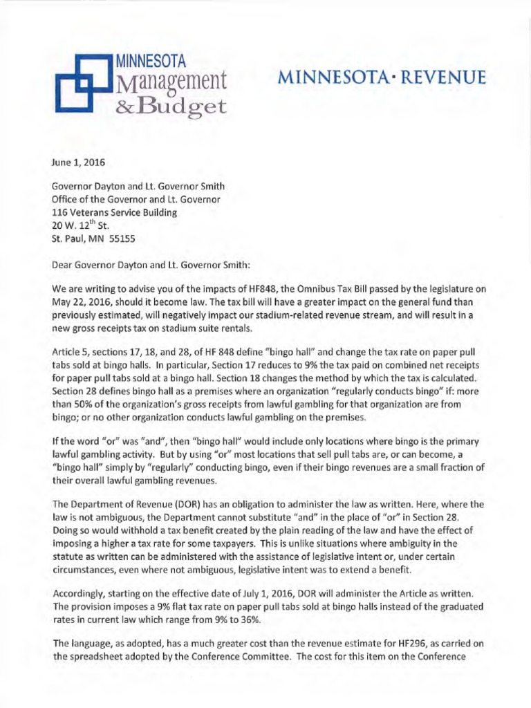 Minnesota Tax Bill Letter to Dayton Revenue Taxes
