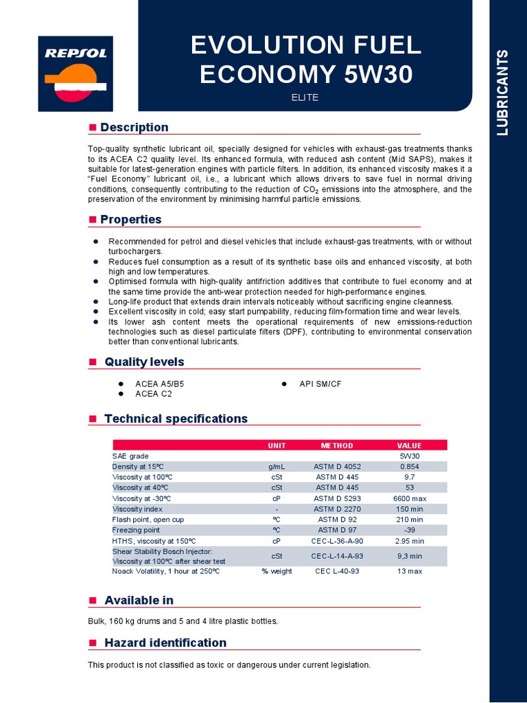 Evolution Fuel Economy 5W30: Description | PDF | Diesel Fuel | Viscosity