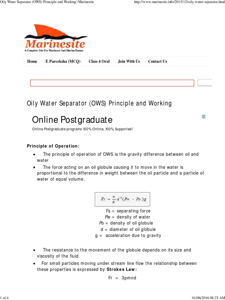 Oily Water Separator: Principle & Operation | PDF