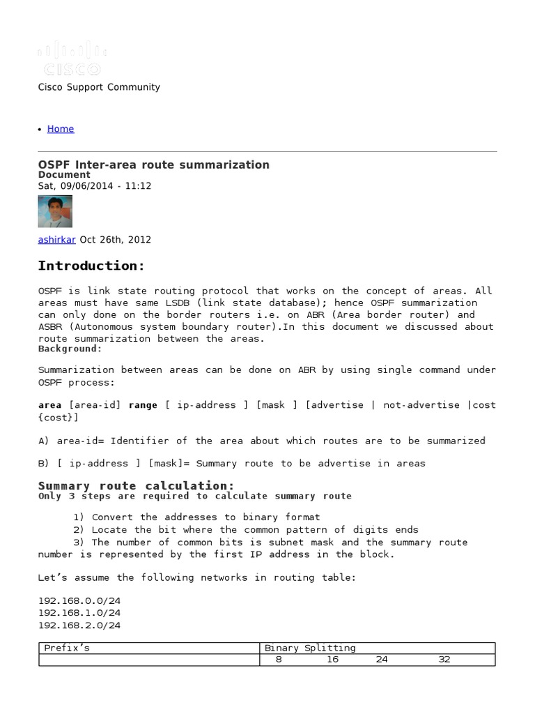 Cisco Support Community - Ospf Inter-Area Route Summarization - 2014-09 ...