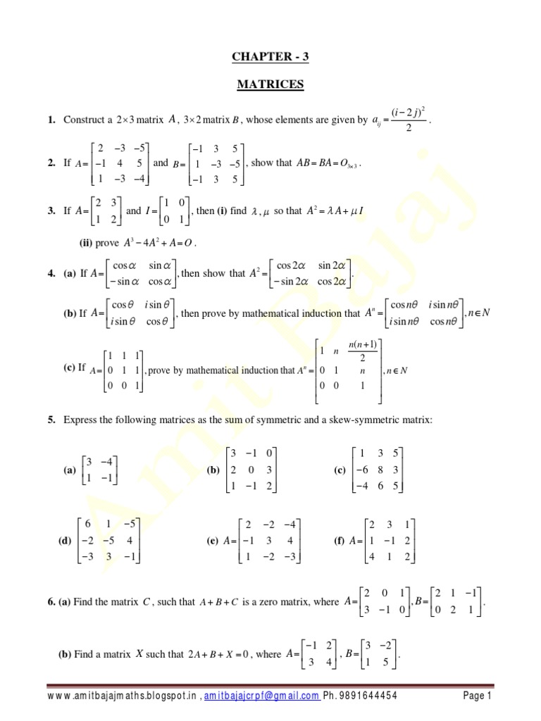 Class XII Assignment - Matrices | Matrix (Mathematics) | Theoretical ...