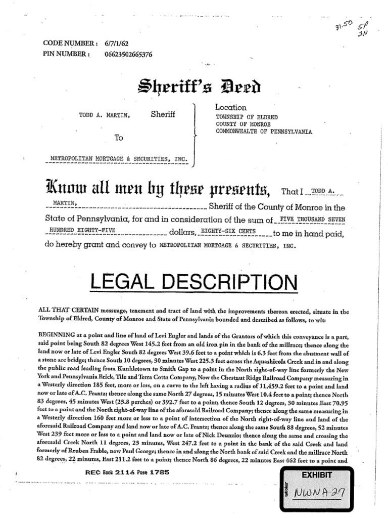 Sheriff's Deed Conveying Old Mill Property in Kunkletown