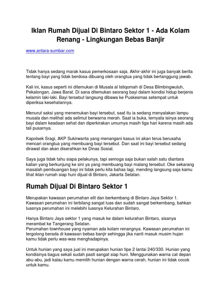 Iklan Rumah Dijual Di Bintaro Sektor 1 - Ada Kolam Renang ...