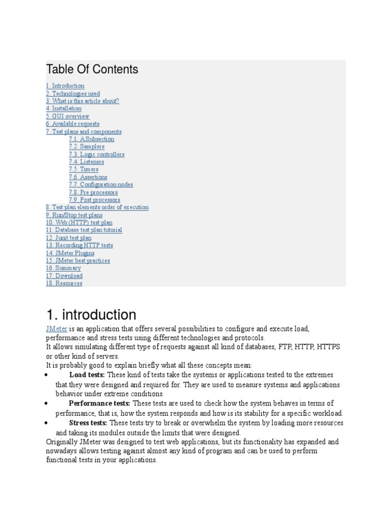 Jmeter Table of Contents Java (Programming Language) Hypertext