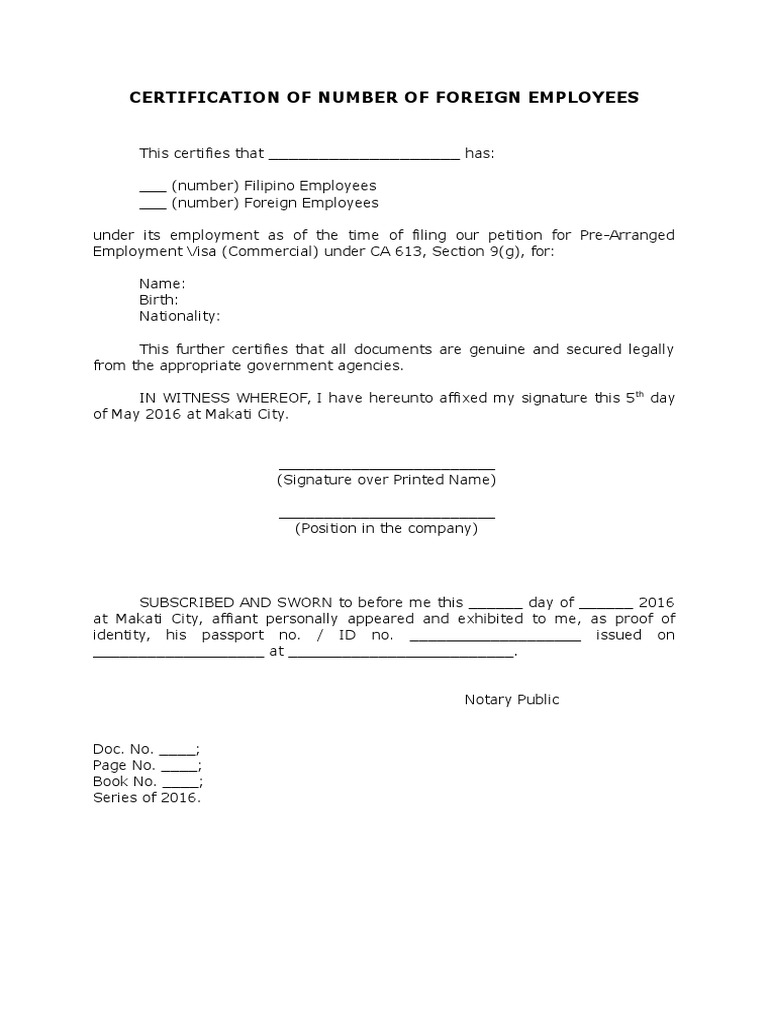 Certification of Number of Foreign Employees Sample | National Security