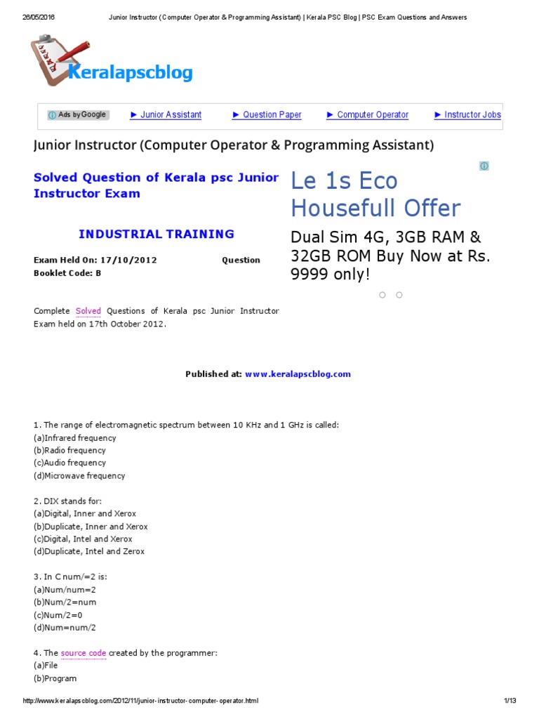 Junior Instructor (Computer Operator & Programming Assistant) _ Kerala ...