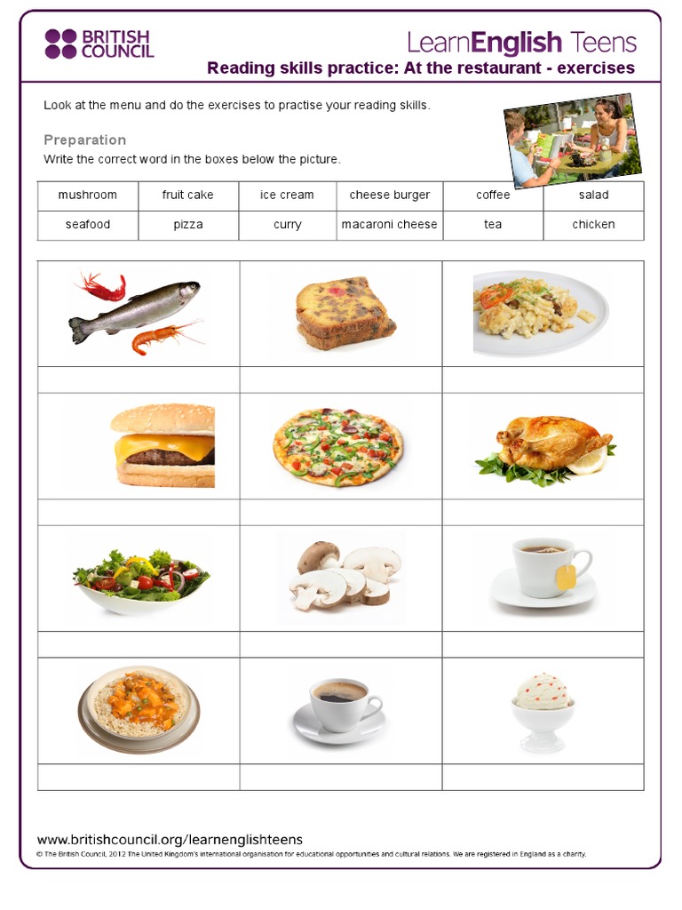 Restaurant Menu Reading Exercises | PDF