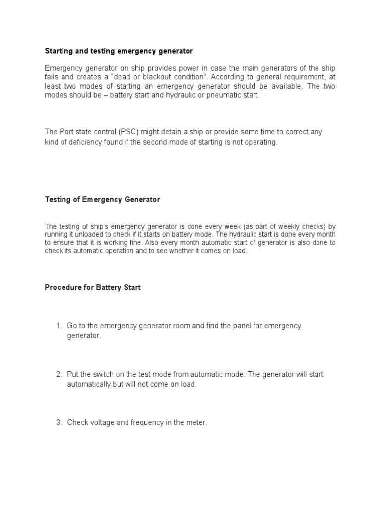 Emergency Generator Start and Test Procedures | PDF | Electric ...