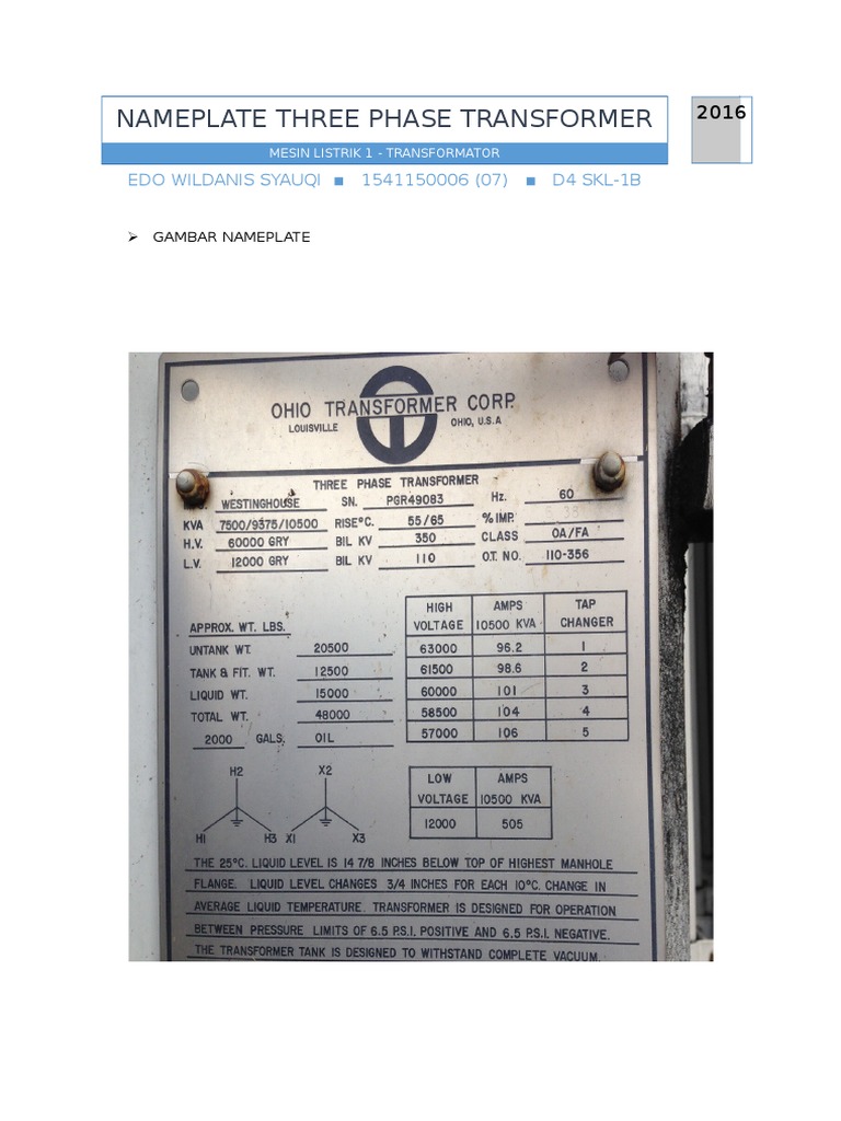 Nameplate Three Phase Transformer PDF