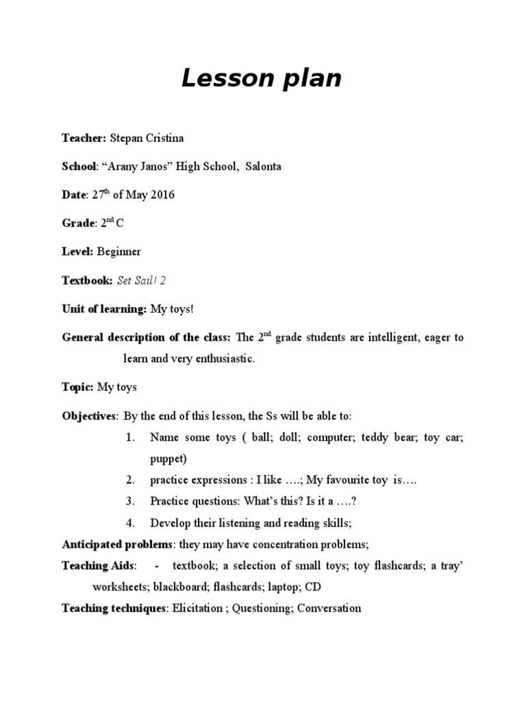 Lesson Plan My Toys Toys Lesson Plan