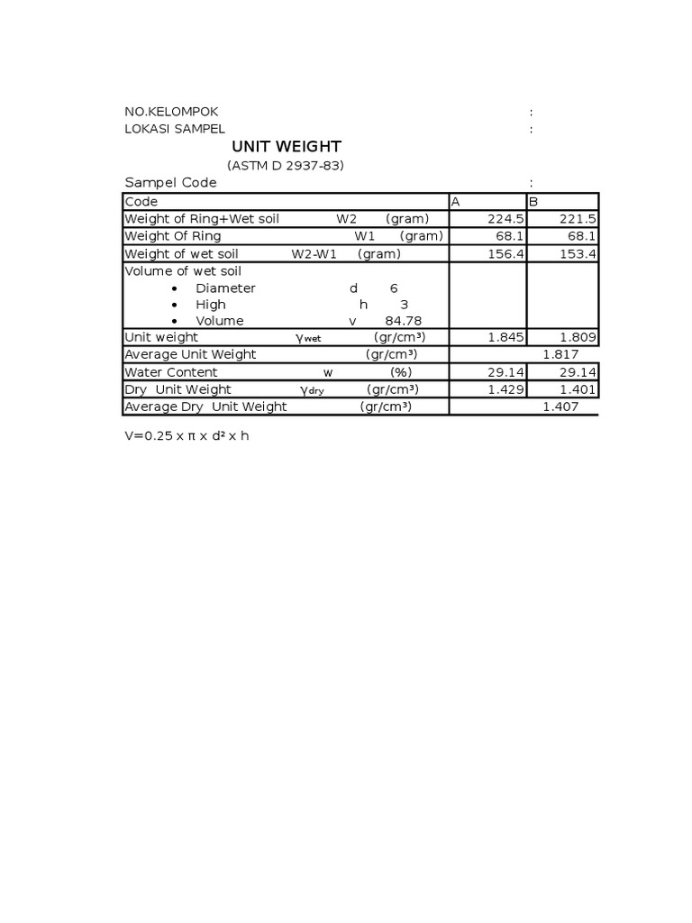 Unit Weight: Sampel Code | PDF