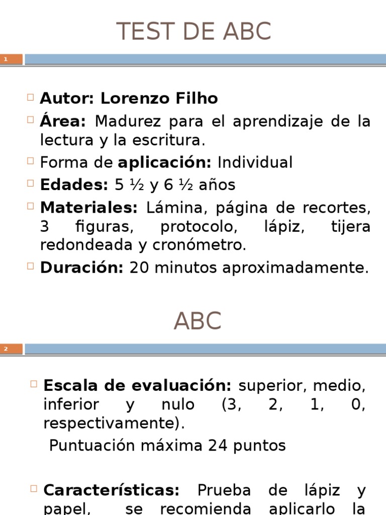 Test ABC de Lorenzo Filho: Evaluación Infantil | PDF | Papel | Sicología
