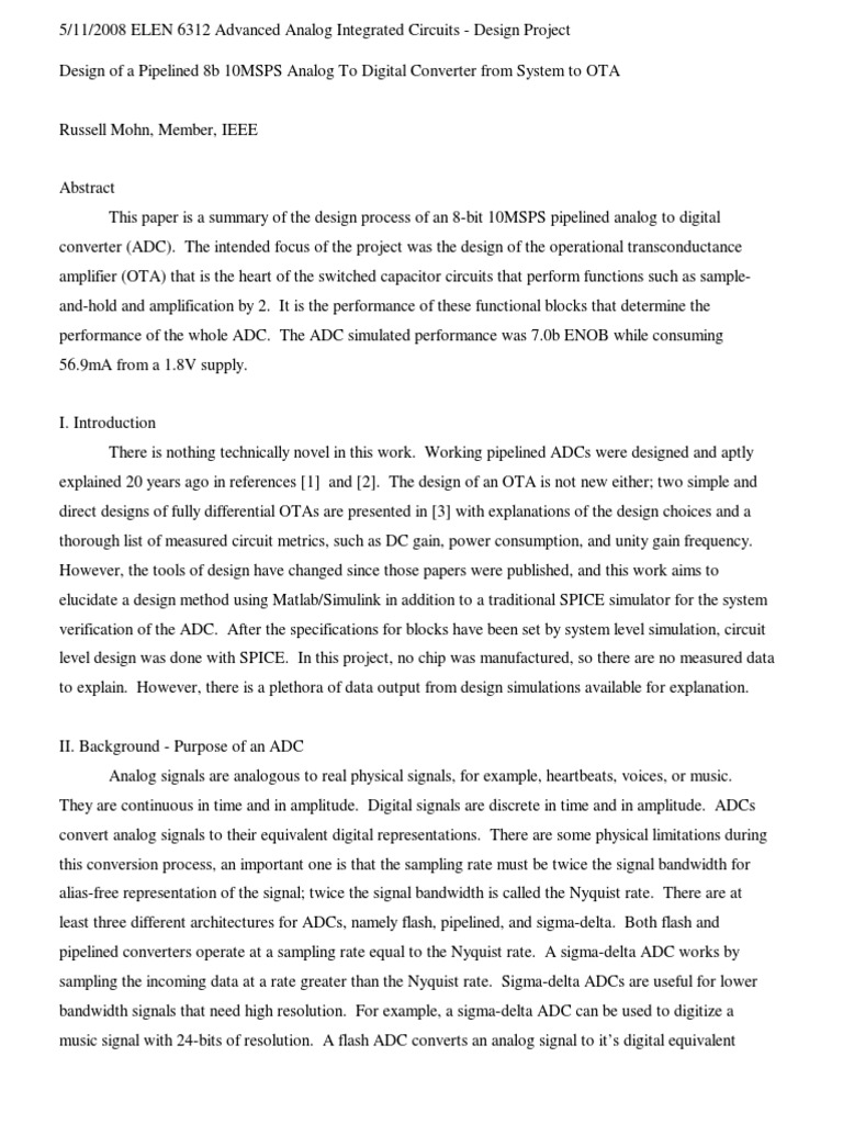 Design of A Pipelined 8b 10MSPS Analog To Digital Converter From System ...