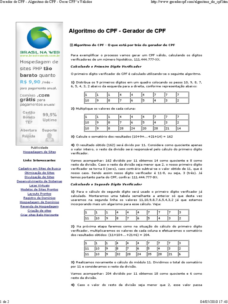 Algoritmo para Cálculo do CPF | PDF | Áreas de Ciência da Computação ...