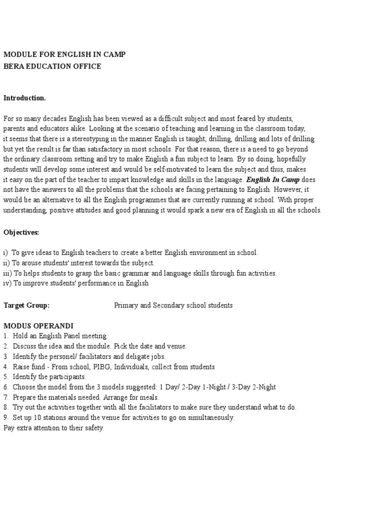 English Camp Activities Module | PDF | Teachers | Learning