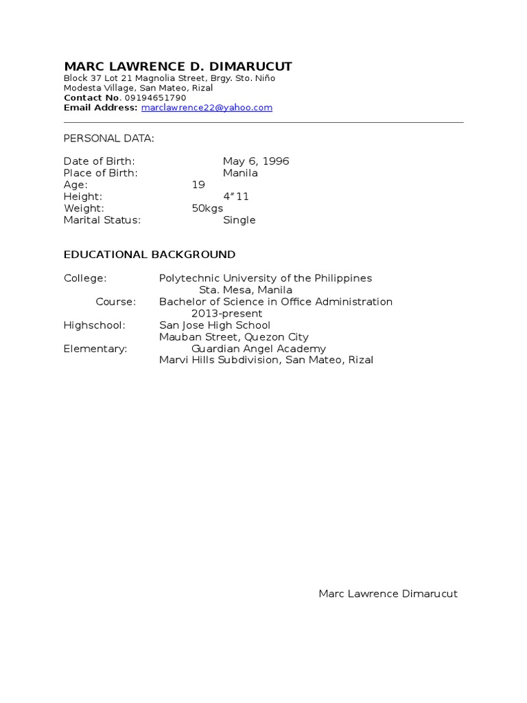 Marc Lawrence Dimarucut's Resume | PDF