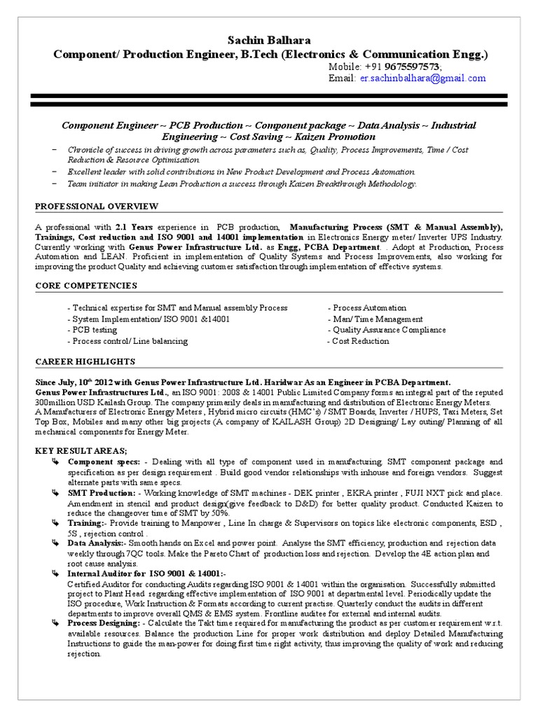 PCB Production Engineer Resume | PDF | Iso 9000 | Printed Circuit Board