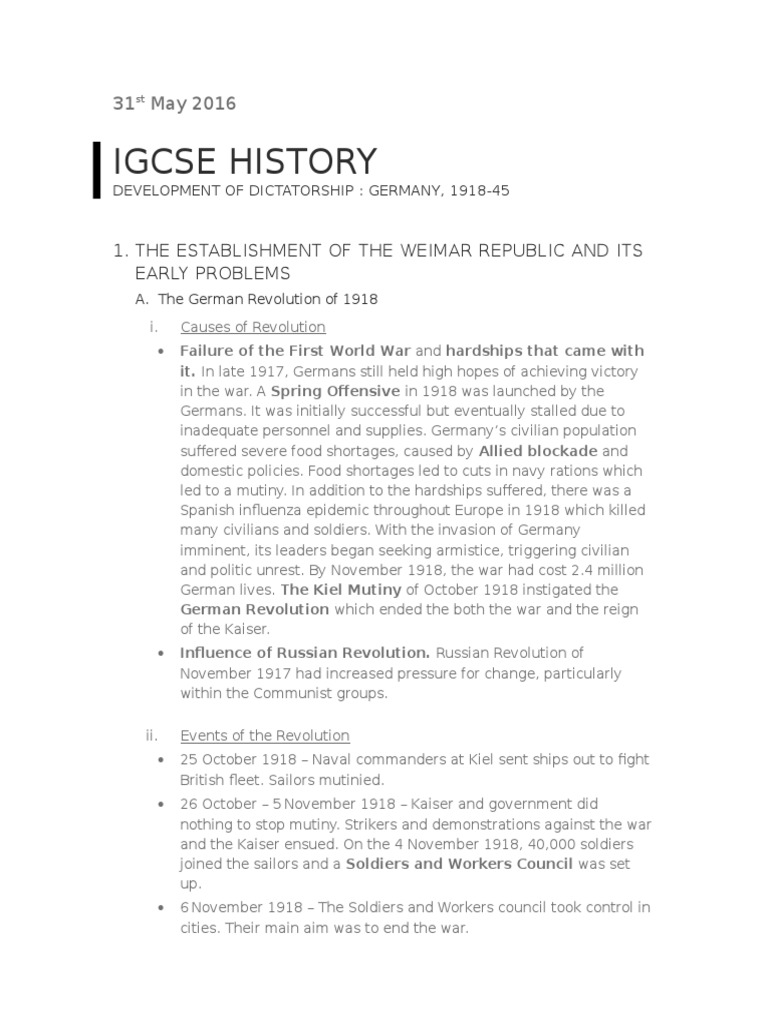 IGCSE HISTORY Development of Dictatorship Germany, 19181945