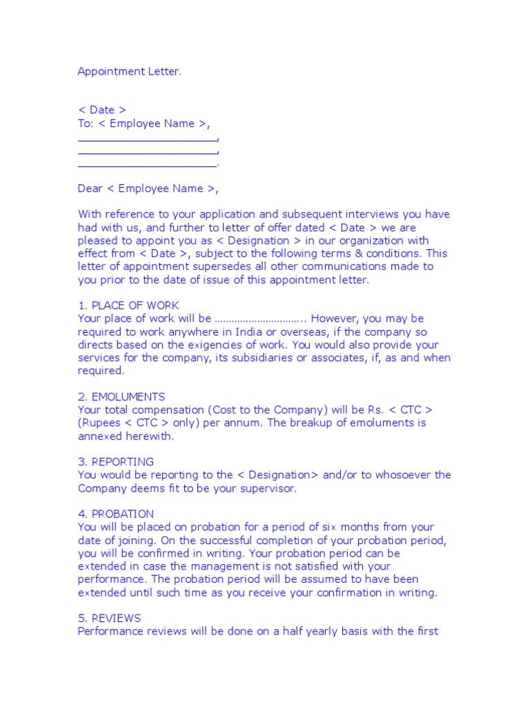 Employee Appointment Letter Format | PDF | Confidentiality | Employment