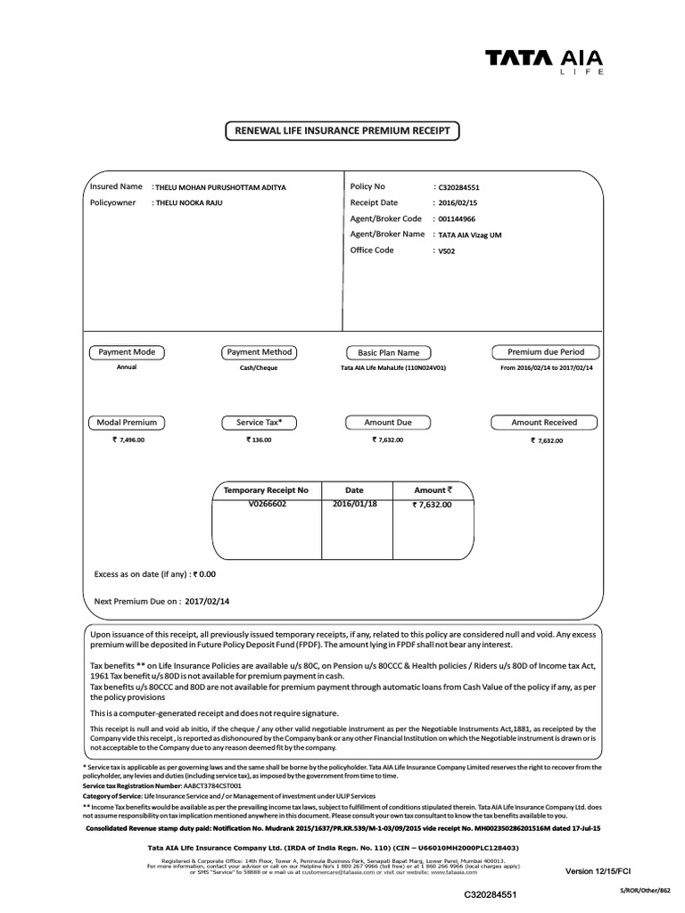 Renewal Premium Receipt for Tata AIA Life | PDF | Insurance | Life ...
