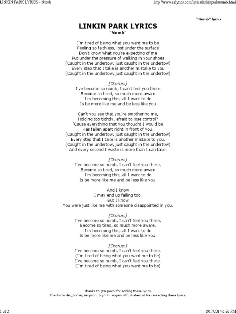 Linkin Park Lyrics Numb linkin park lyrics numb