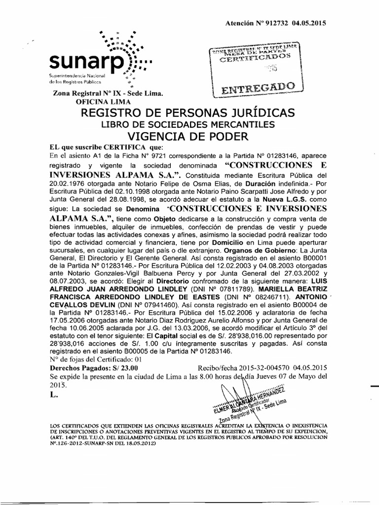 Vigencia de Poder Alpama Derecho Civil Law) Información del