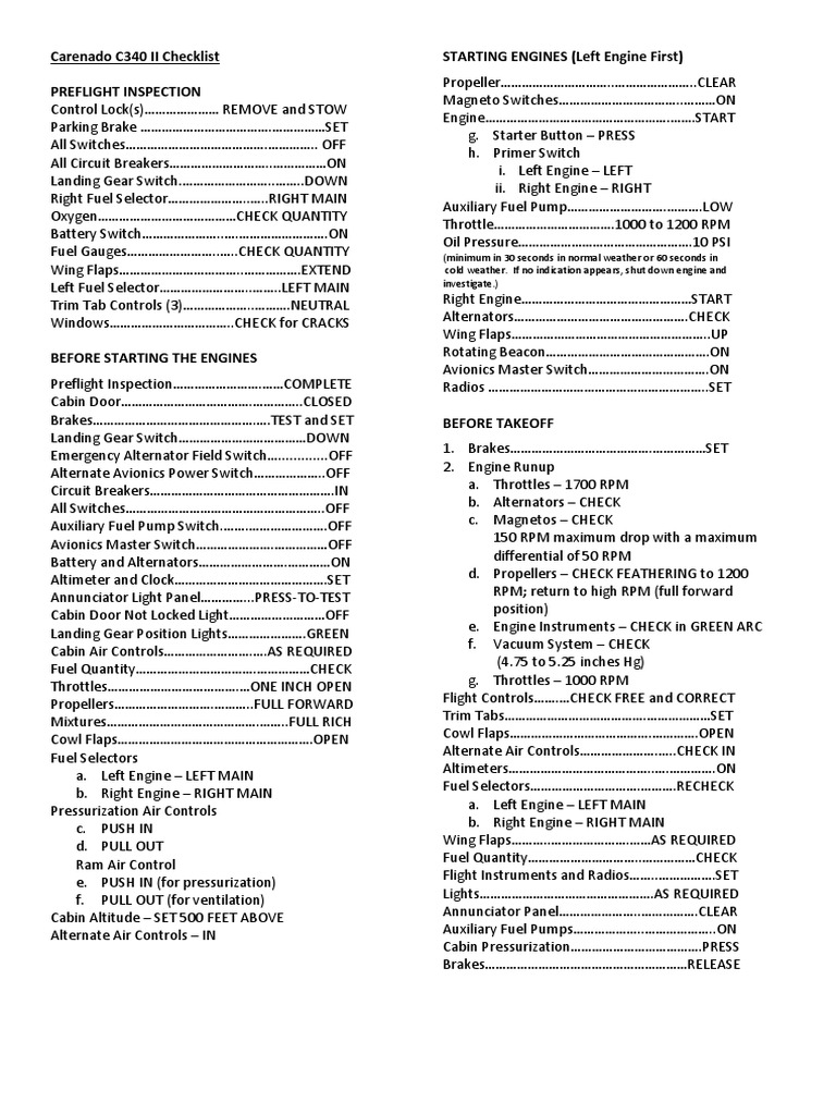 Cessna C340 II Preflight Checklist | PDF | Flap (Aeronautics) | Throttle